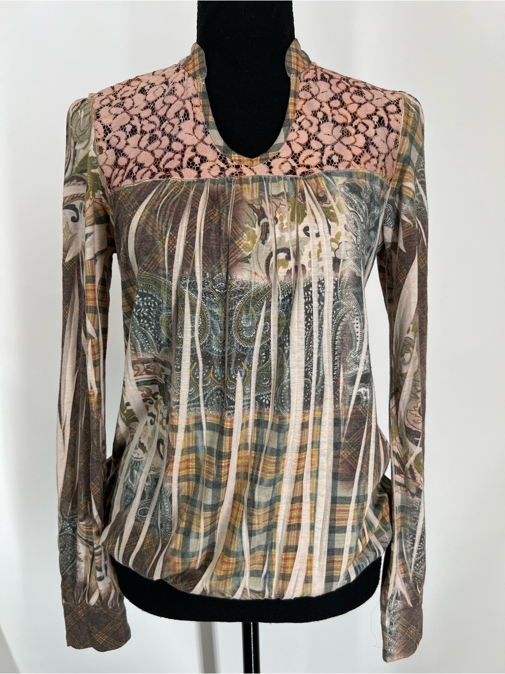 Pink Lace Yoke Mixed-Print Long Sleeve Top